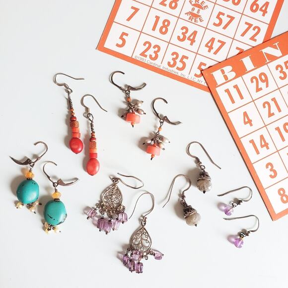 Earring Lot- 6 Pairs, Handmade, Coral, Sterling - Picture 1 of 5